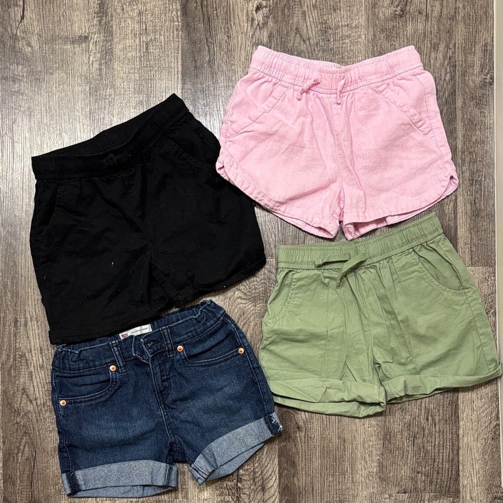 Set of Four Casual Shorts in Black, Pink, Green, and Denim